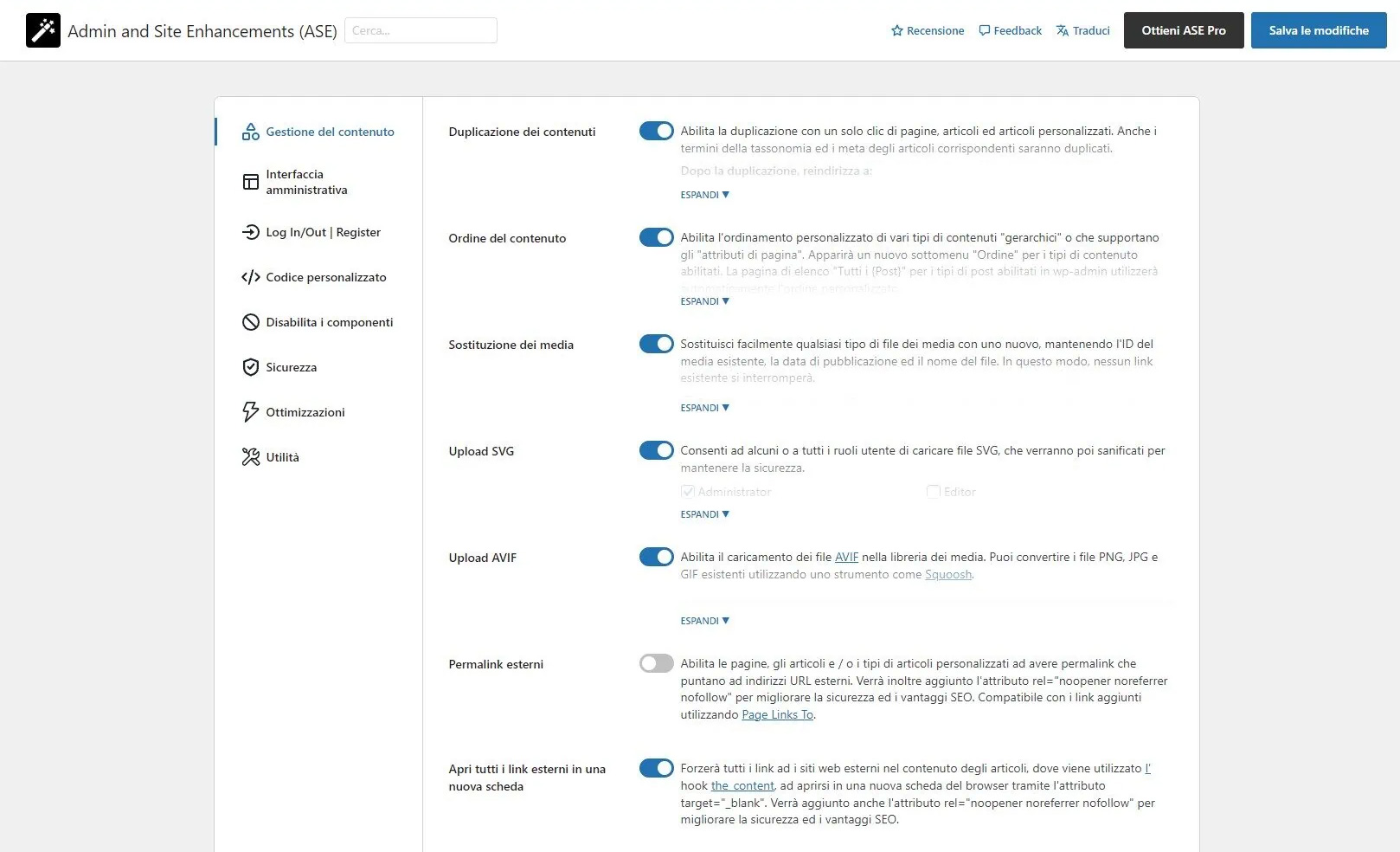 Alcune funzionalità di ASE Admin and Site Enhancements